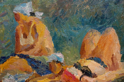 Vibrant impressionistic oil painting by Gan Nina Sergeevna: people on vacation in orange tones on blue-green background