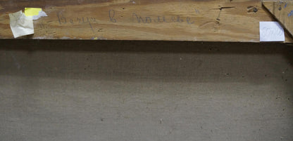Back ’alt’: ’Back of Oil painting Evening landscape Tyukha Ivan Andreevich with wooden beam handwritten text and sticky notes’