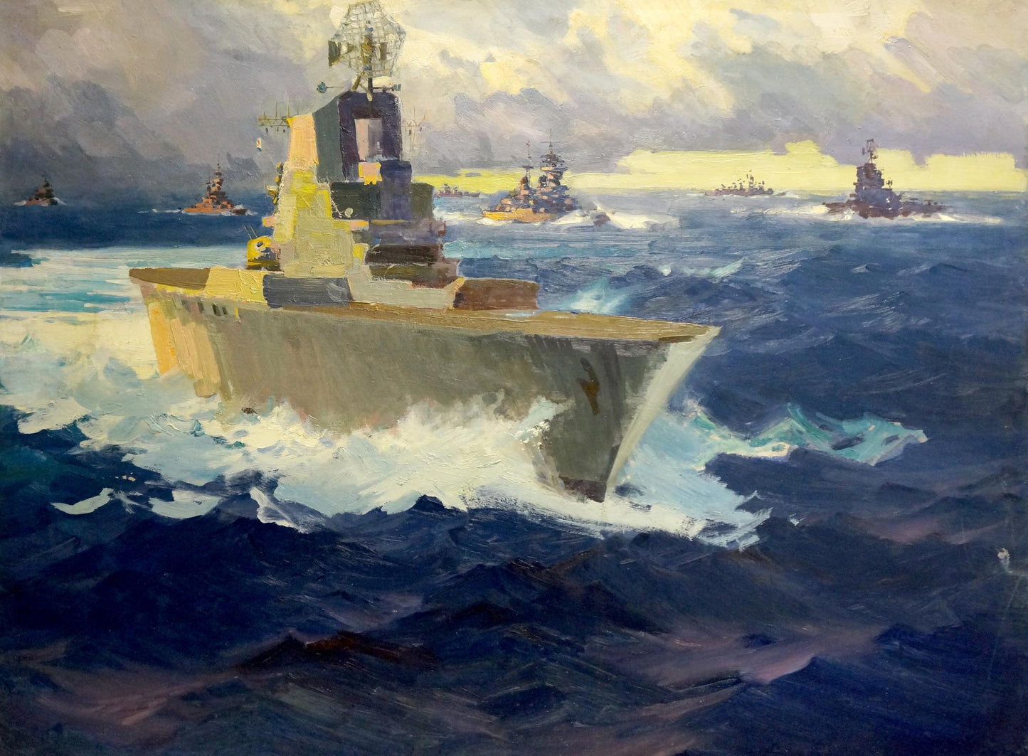 Oil painting by Filippov Konstantin Fedotovich: gray warship in turbulent seas