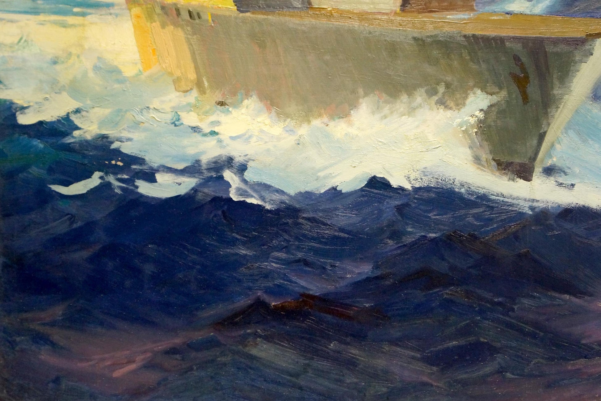 Oil painting by Filippov Konstantin Fedotovich: warship bow in turbulent waves