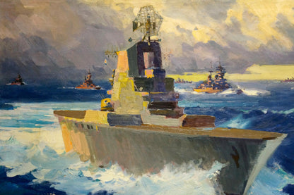 Oil painting by Filippov Konstantin Fedotovich: gray warship in choppy seas