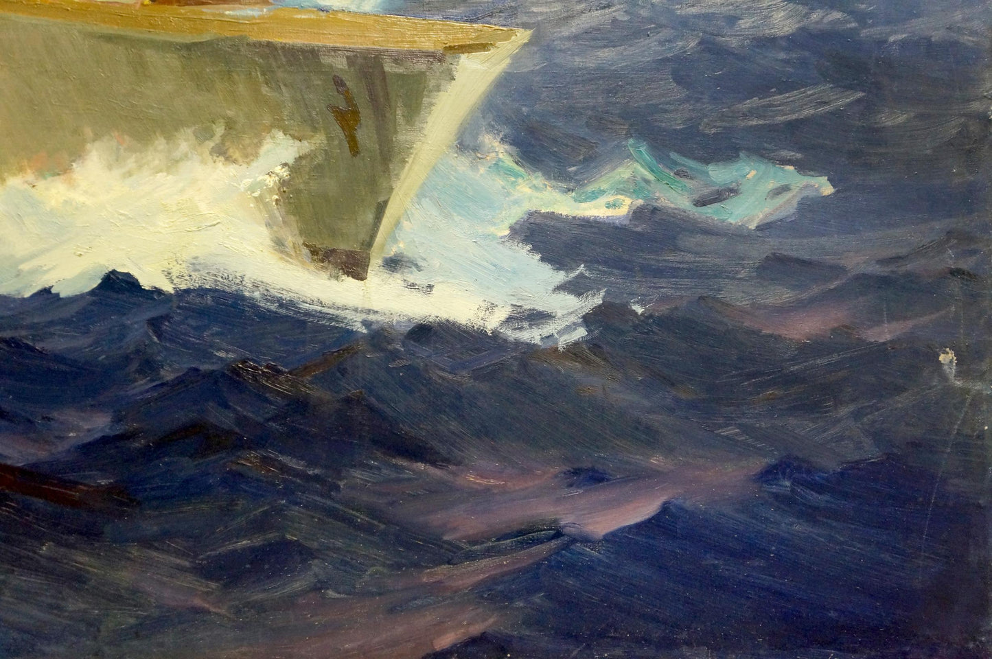 Oil painting by Filippov Konstantin Fedotovich: warship bow in turbulent waves