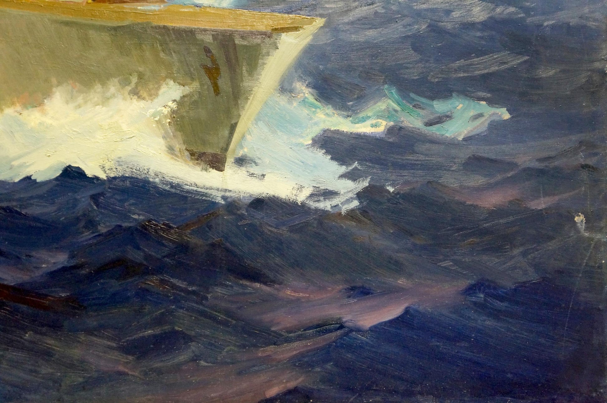 Oil painting by Filippov Konstantin Fedotovich: warship bow in turbulent waves
