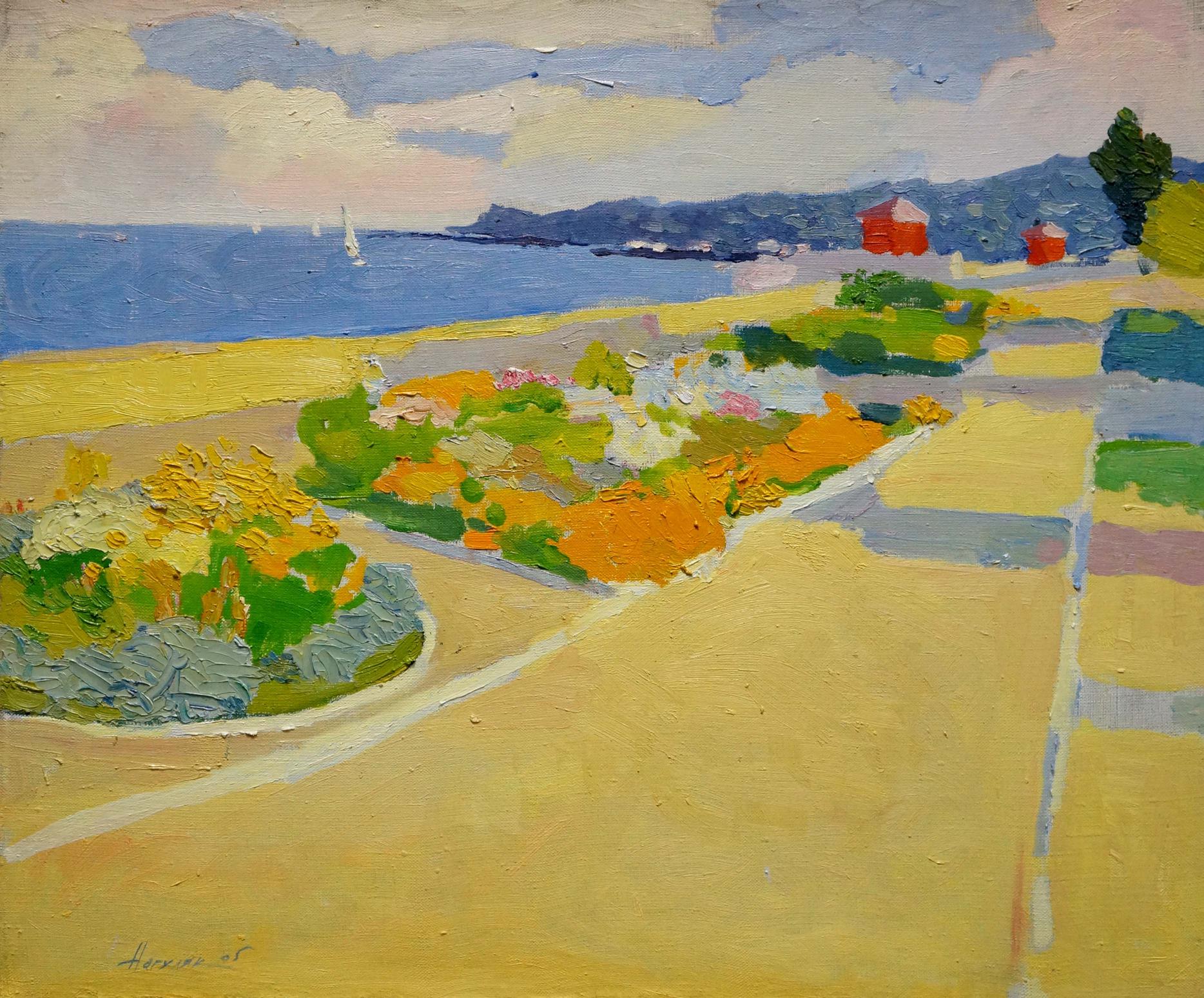 Vibrant impressionist Oil painting Odessa coastal scene with yellow paths