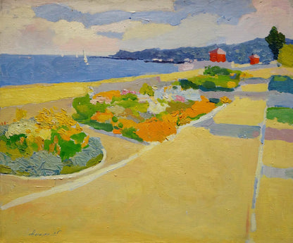 Vibrant impressionist Oil painting Odessa coastal scene with yellow paths
