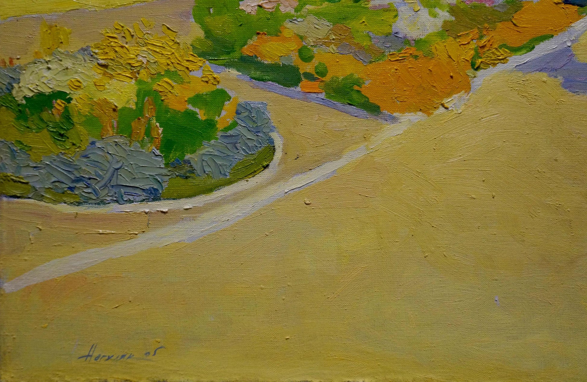 Oil painting Odessa: impressionist foliage and winding path in yellows, greens