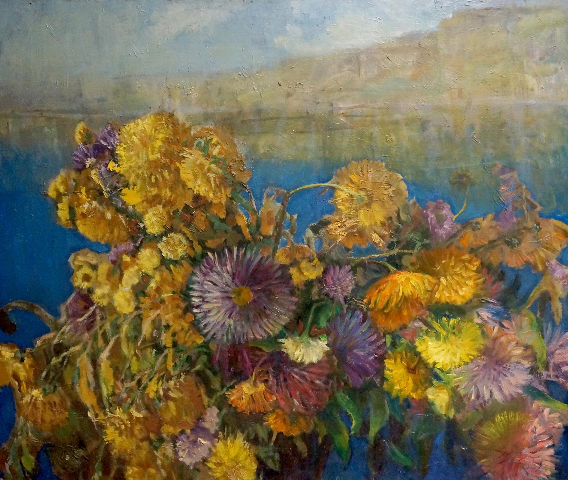 Oil painting Sail Kropko by Alexander Petrovich: vibrant chrysanthemum bouquet