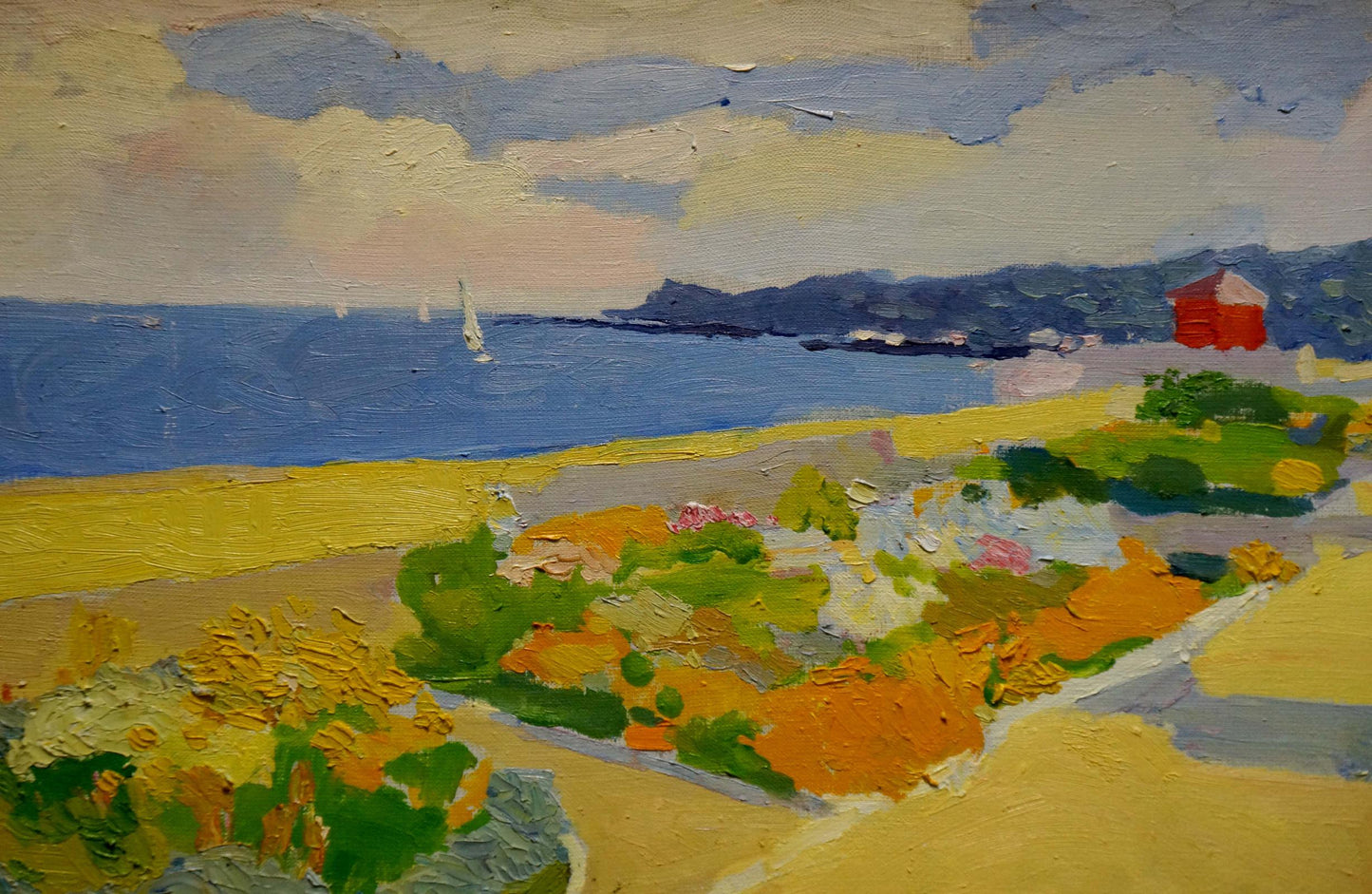 Vibrant impressionist Oil painting Odessa: coastal scene with yellow sand, blue water