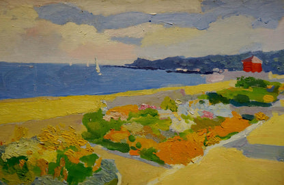 Vibrant impressionist Oil painting Odessa: coastal scene with yellow sand, blue water
