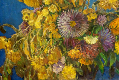 Oil painting Sail Kropko by Alexander Petrovich: yellow dandelions, purple asters