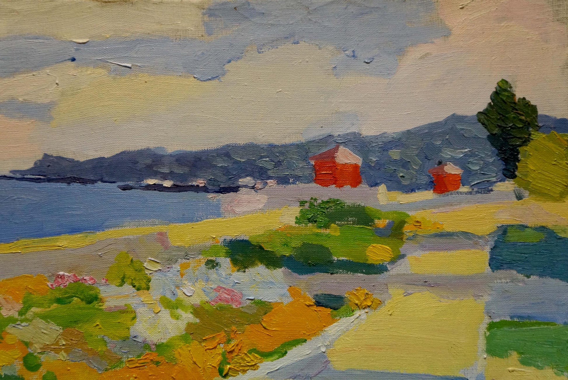Oil painting Odessa: impressionist red barns in green fields by blue water