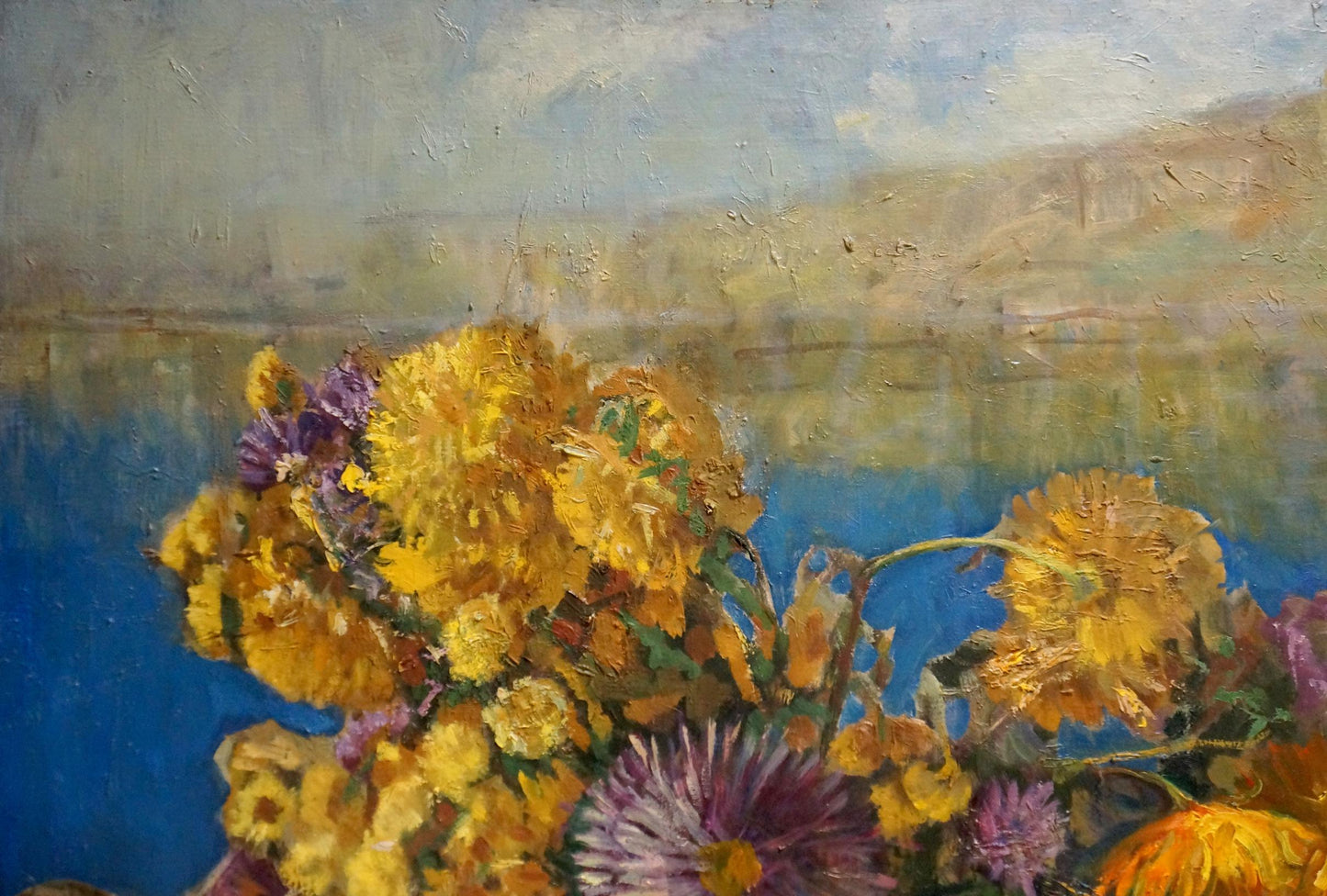 Oil painting Sail Kropko by Alexander Petrovich: yellow purple chrysanthemums on blue water