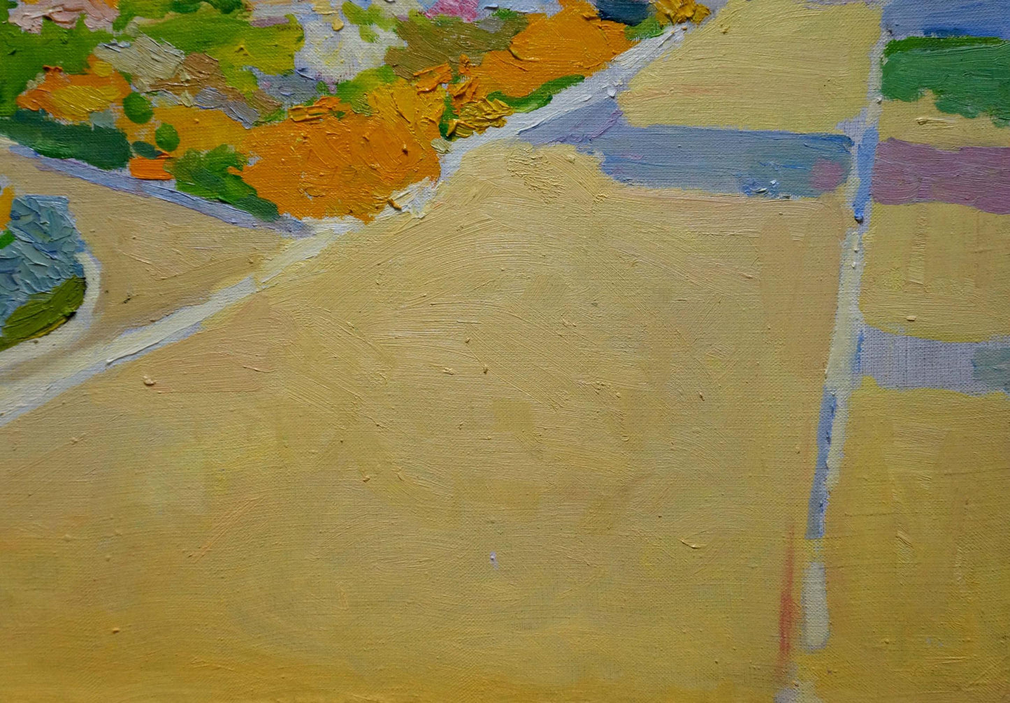 Oil painting Odessa with textured yellow green orange brushstrokes