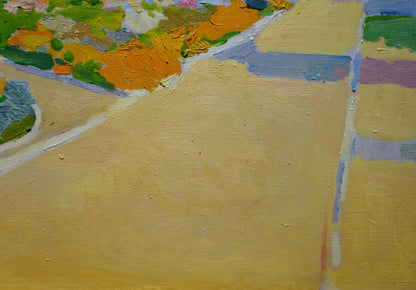 Oil painting Odessa with textured yellow green orange brushstrokes