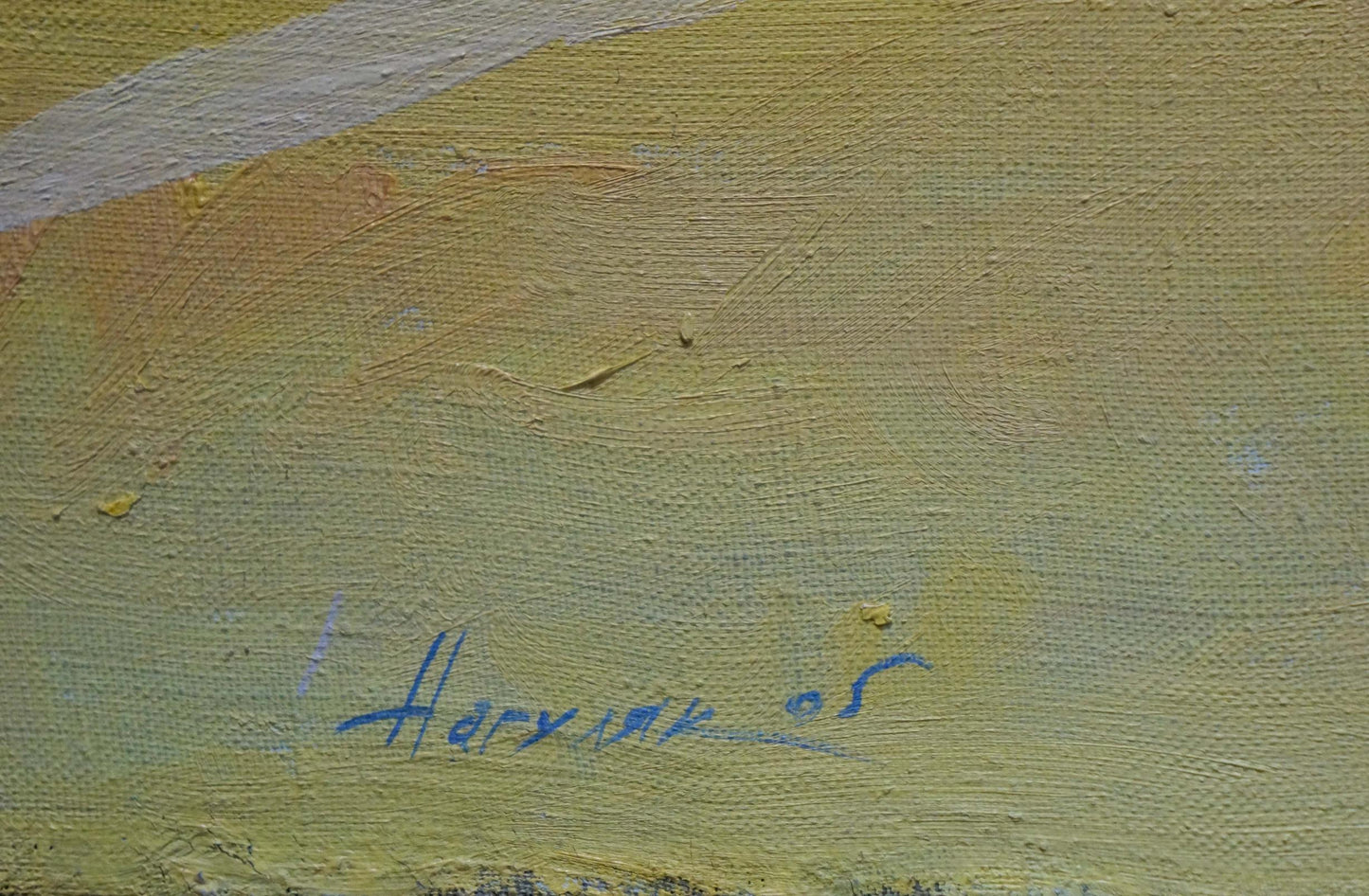 Back of Oil painting Odessa canvas with Harvey 05 blue ink signature on yellow ochre texture