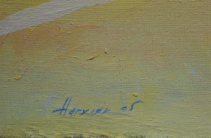 Back of Oil painting Odessa canvas with Harvey 05 blue ink signature on yellow ochre texture