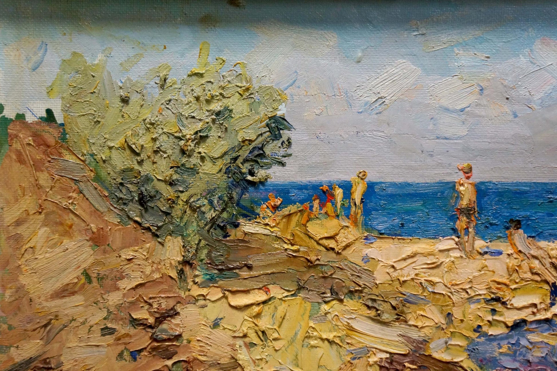Impasto oil painting by Eremin Boris Alexandrovich: coastal scene with figures on rocky shore