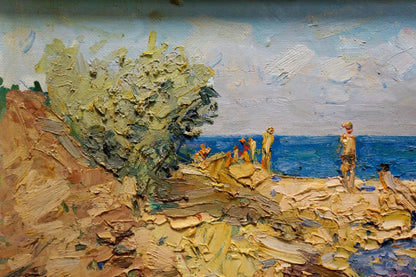 Impasto oil painting by Eremin Boris Alexandrovich: coastal scene with figures on rocky shore