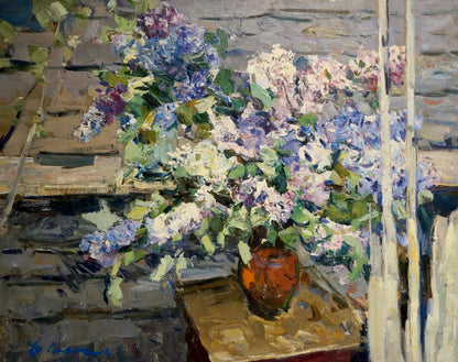 Oil painting of Fedor Zakharov lilac bouquet in terracotta vase