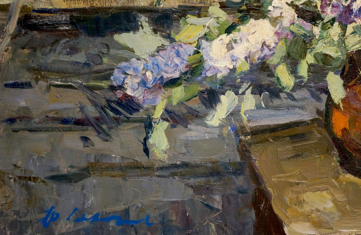 Oil painting of lilac bouquet in yard by Fedor Zakharov, lavender hydrangeas