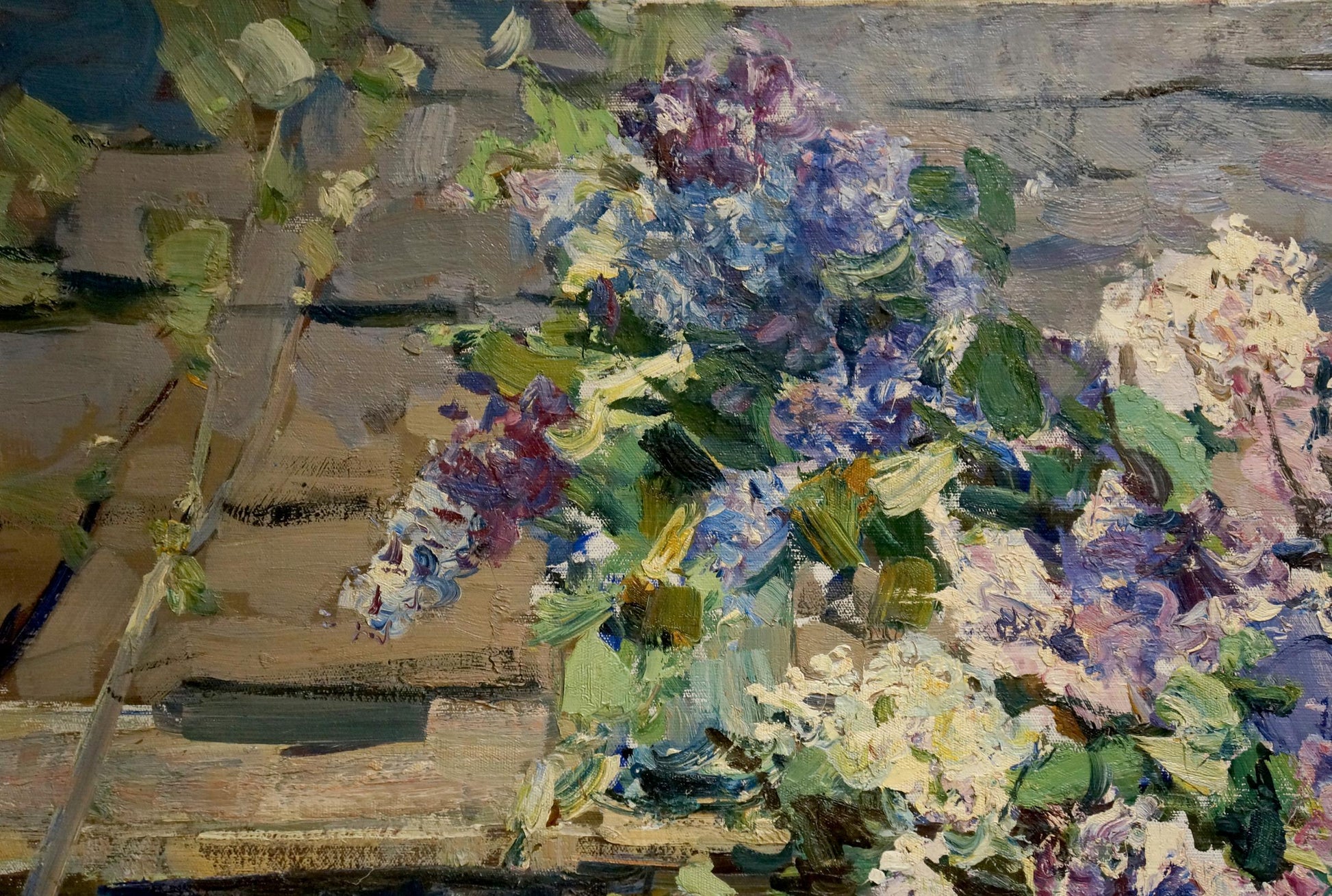 Impressionistic oil painting of Fedor Zakharov lilac bouquet in yard
