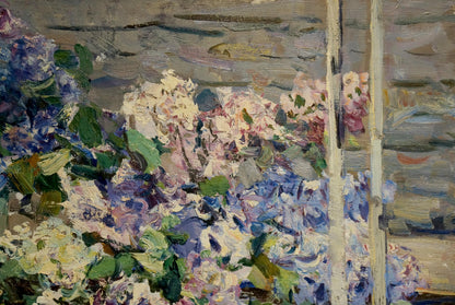 Vibrant impressionist oil painting of Fedor Zakharov lilac bouquet in purple, pink hydrangeas