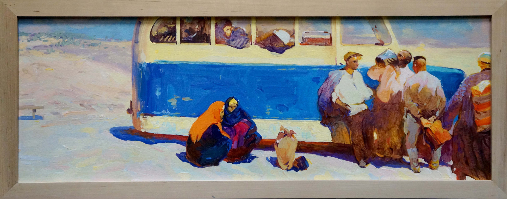 Framed oil painting On the Road by Sulimenko Peter Stepanovich, blue bus scene