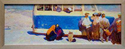 Framed oil painting On the Road by Sulimenko Peter Stepanovich, blue bus scene