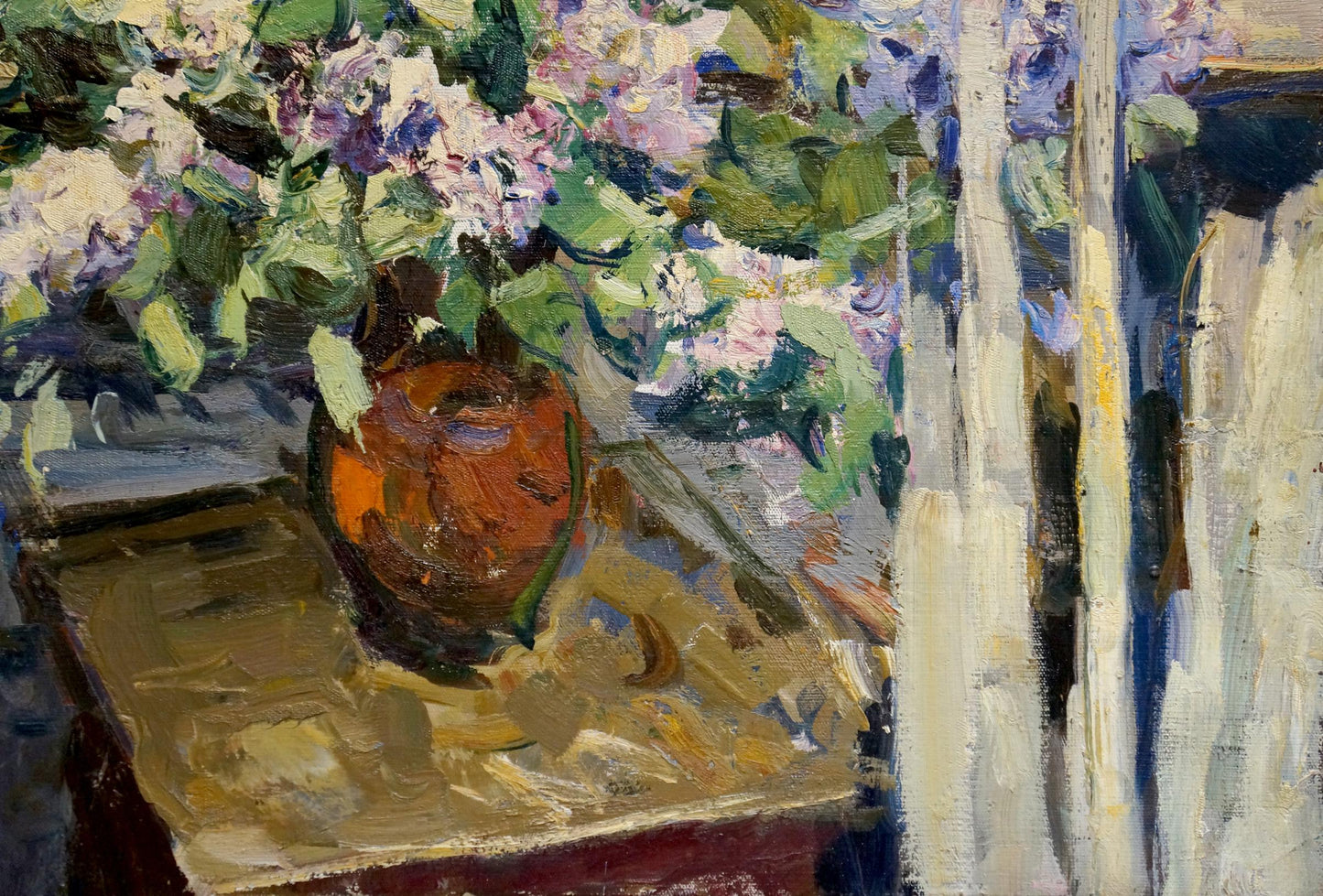 Oil painting of Fedor Zakharov bouquet of lilacs in vibrant orange vase