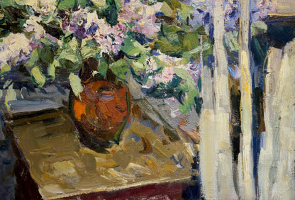 Oil painting of Fedor Zakharov bouquet of lilacs in vibrant orange vase