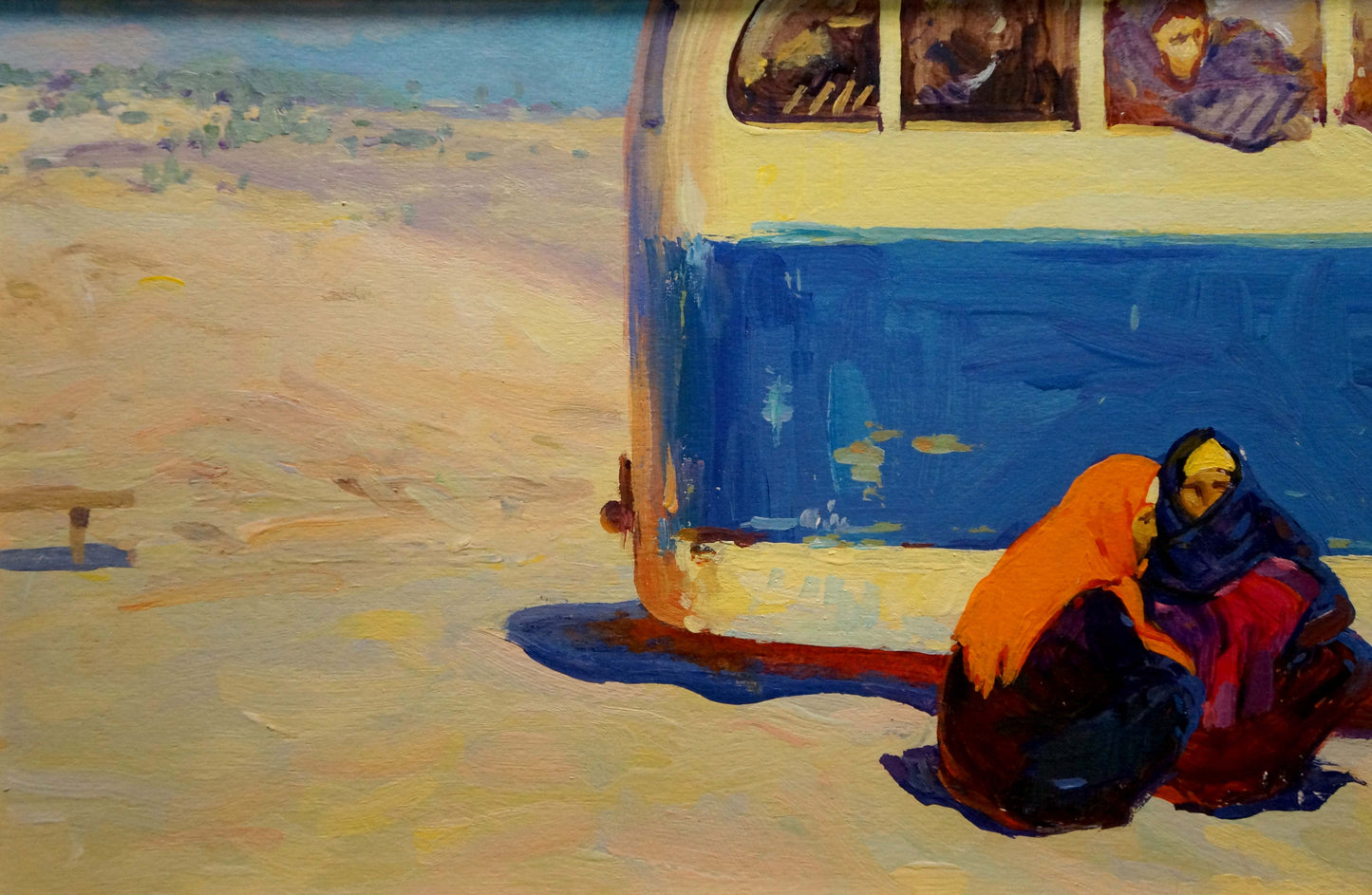 Vintage blue cream van with painted figures by Sulimenko Peter Stepanovich oil painting