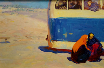 Vintage blue cream van with painted figures by Sulimenko Peter Stepanovich oil painting