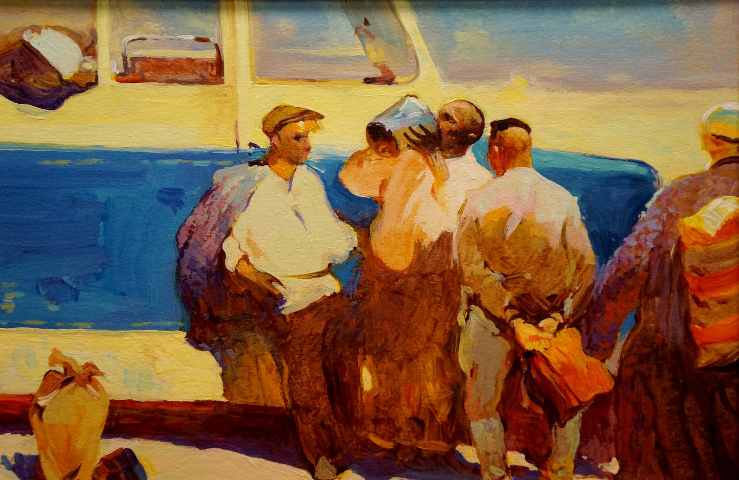 Vibrant impressionist oil painting by Sulimenko Peter Stepanovich: men by boat