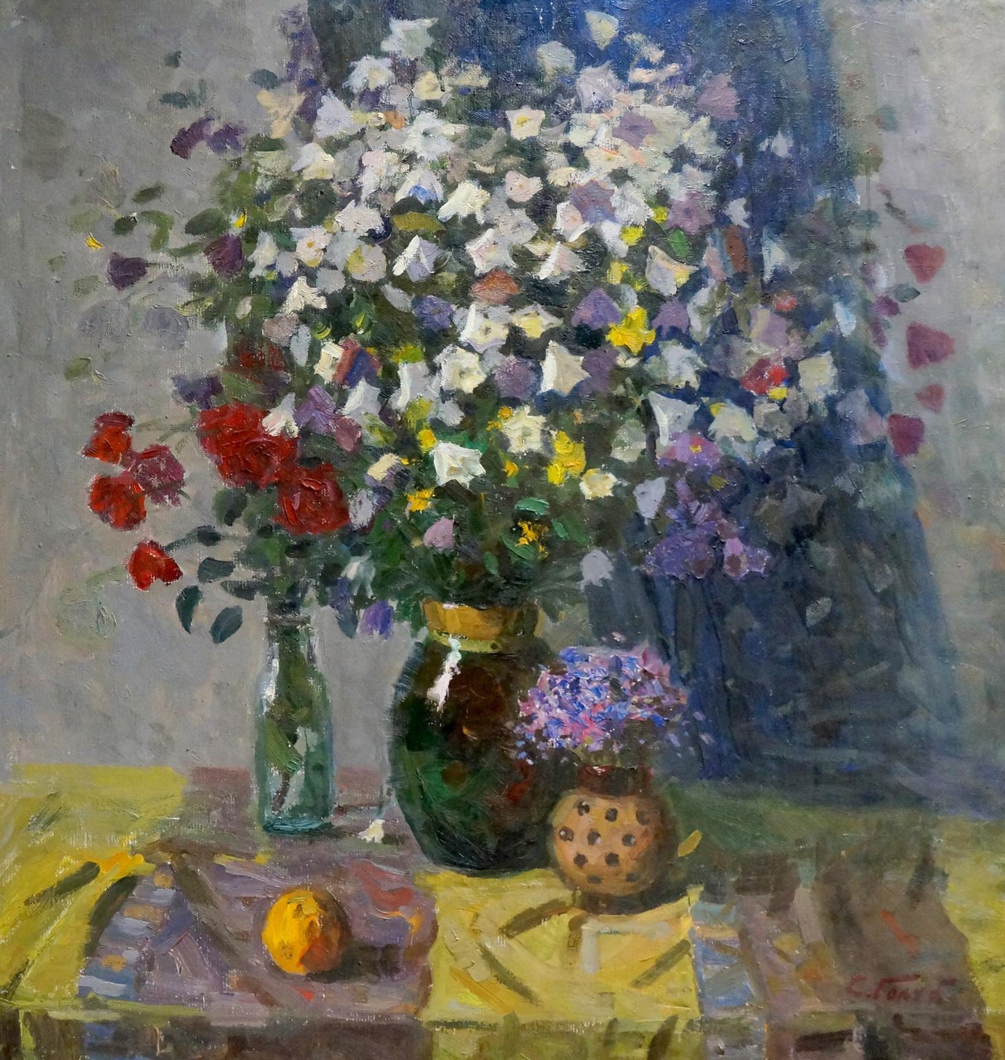Oil painting of lush flowers in dark green vase with gold rim by Stepan Golub