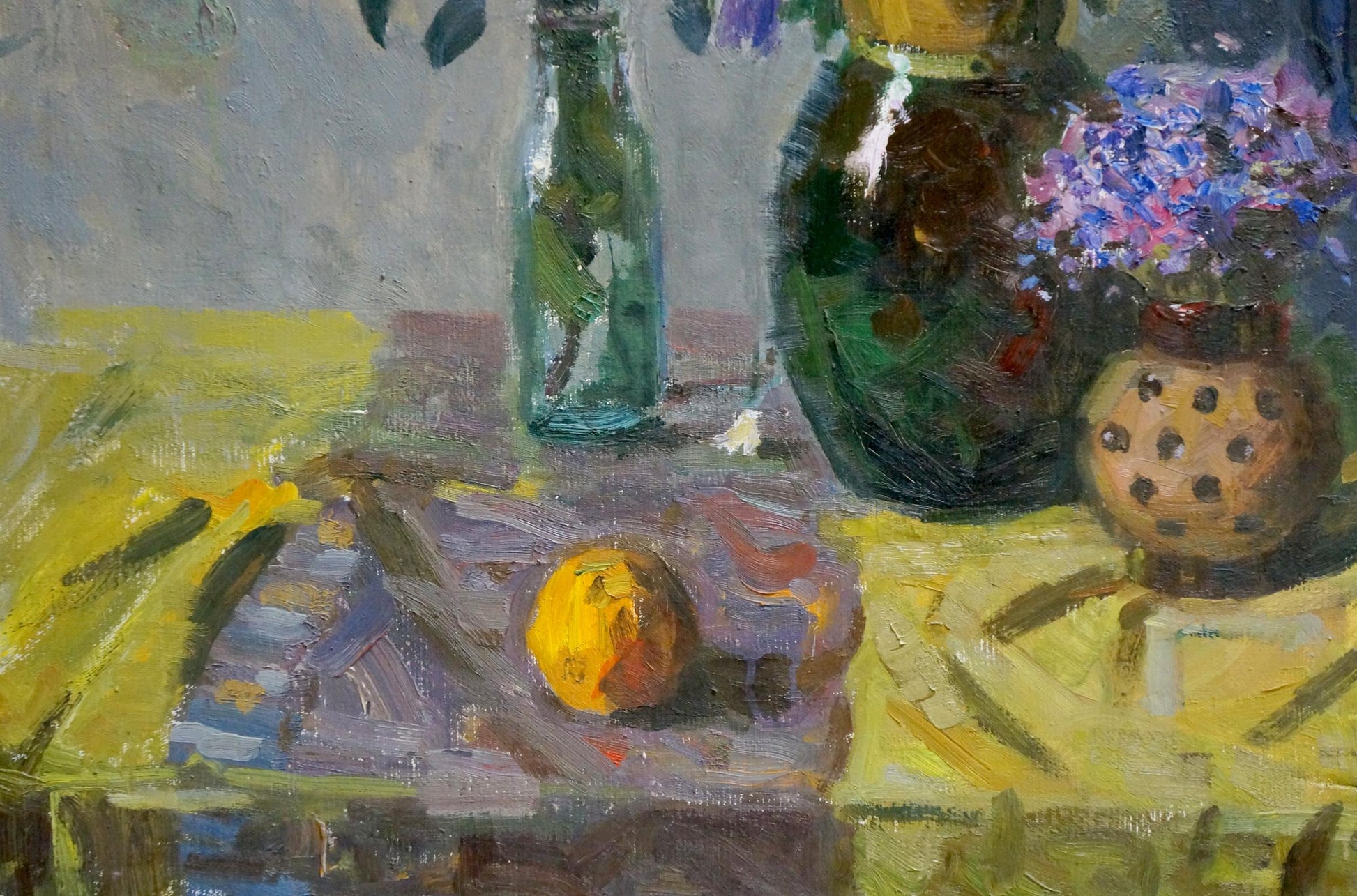 Vibrant yellow-orange peach on textured surface in Stepan Golub oil painting