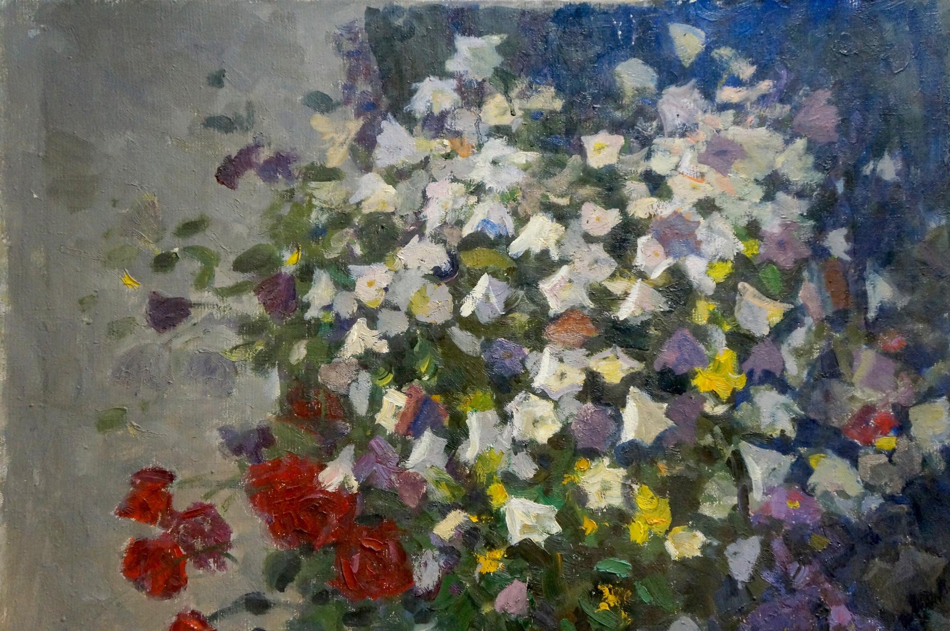Vibrant oil painting by Stepan Golub of lush flower bouquet on table