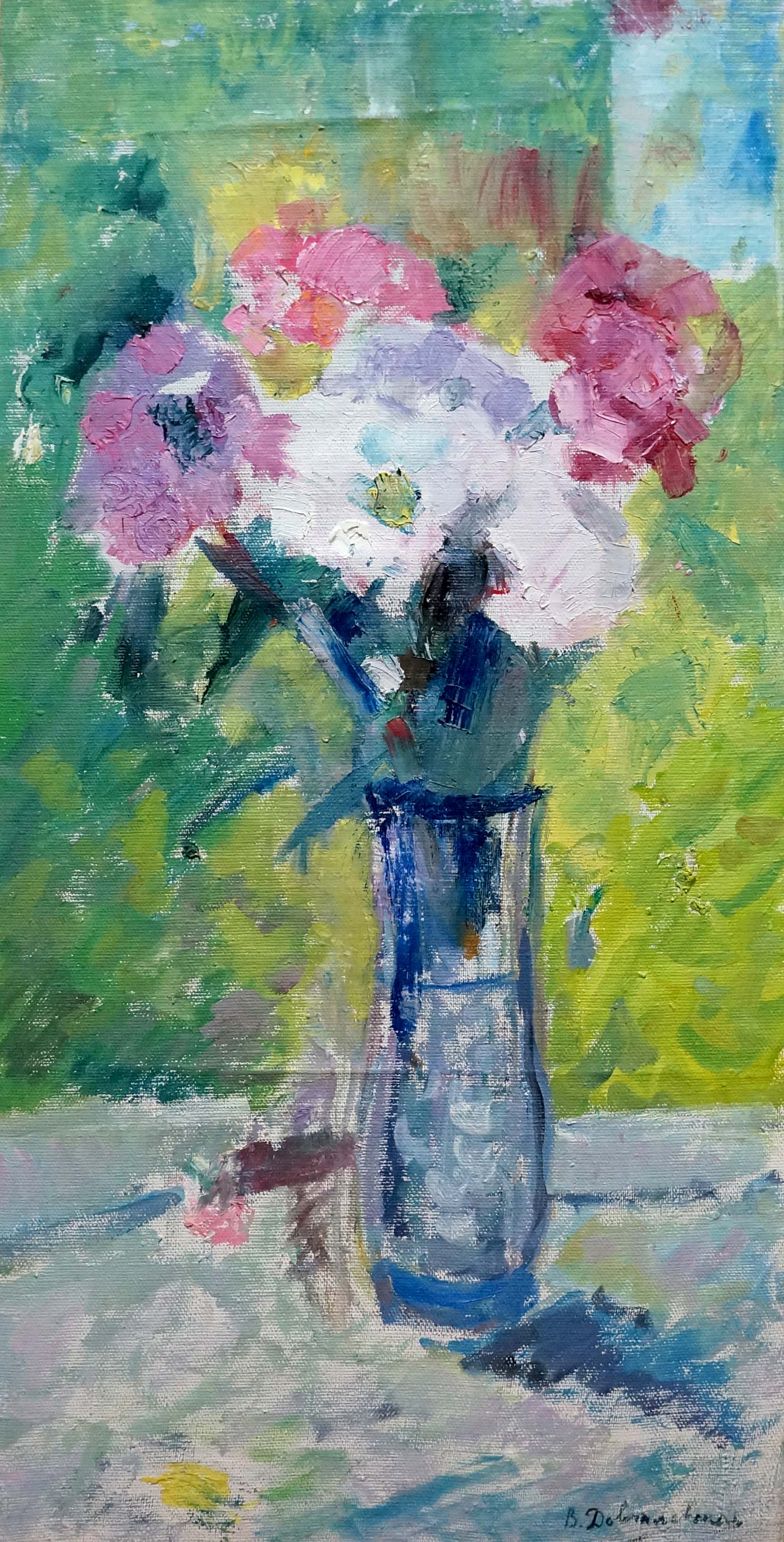 Oil painting of autumn bouquet with pink white peonies in blue vase by Dovgalevskaya Vera Veniaminovna