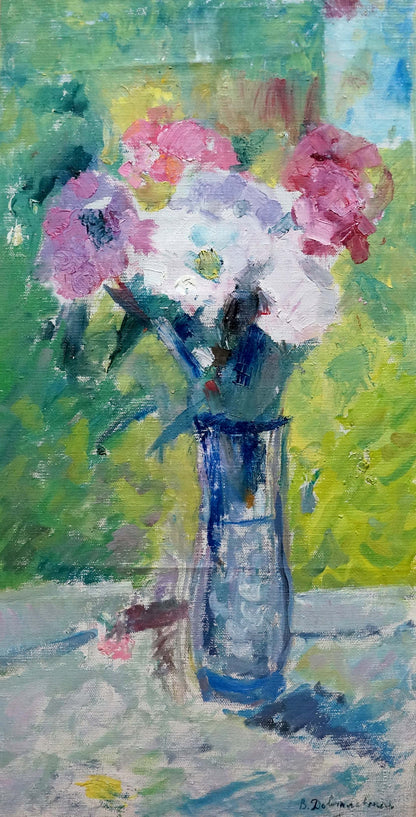 Oil painting of autumn bouquet with pink white peonies in blue vase by Dovgalevskaya Vera Veniaminovna