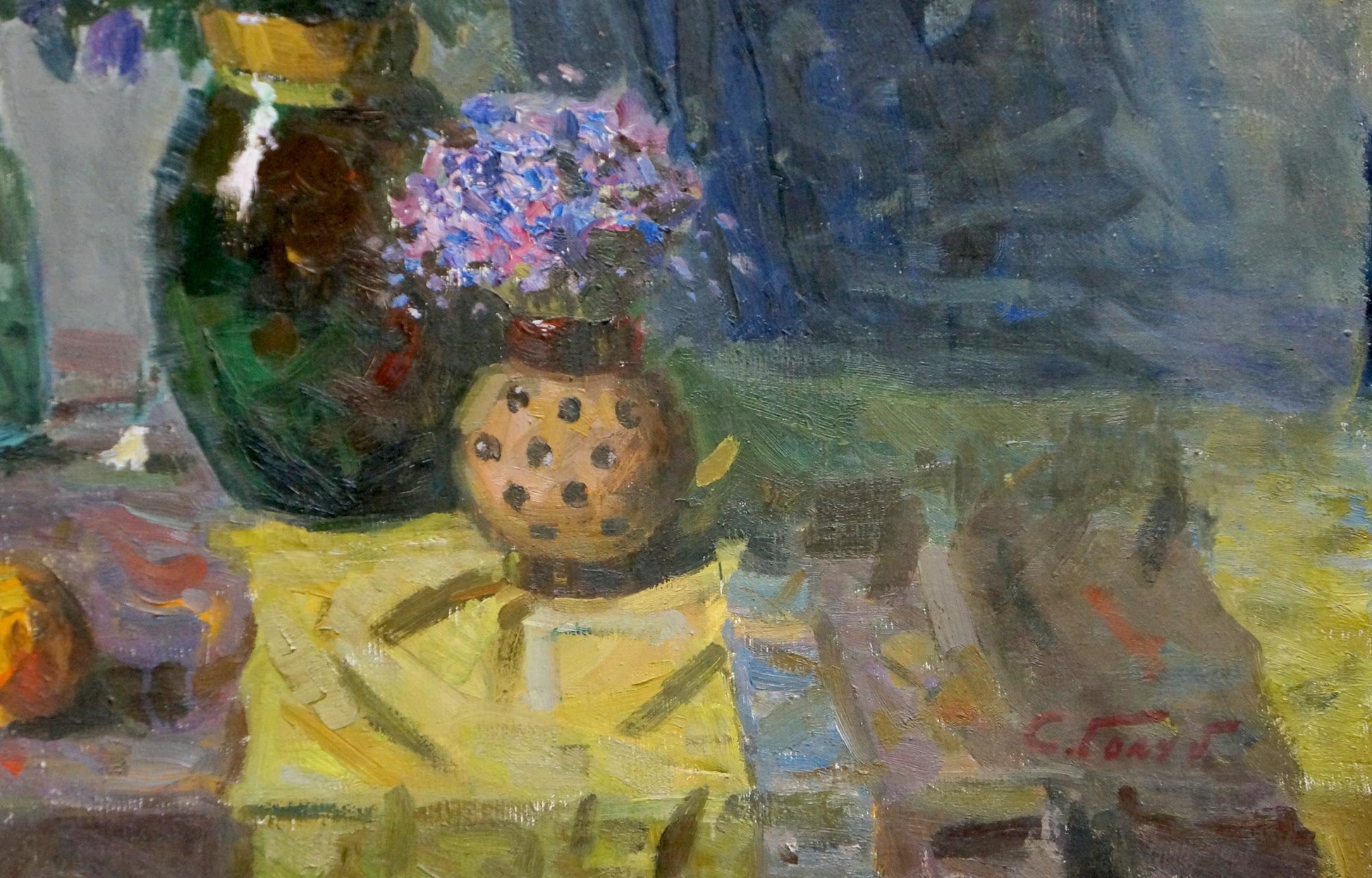 Oil painting of table with flowers in polka dot vase by Stepan Golub