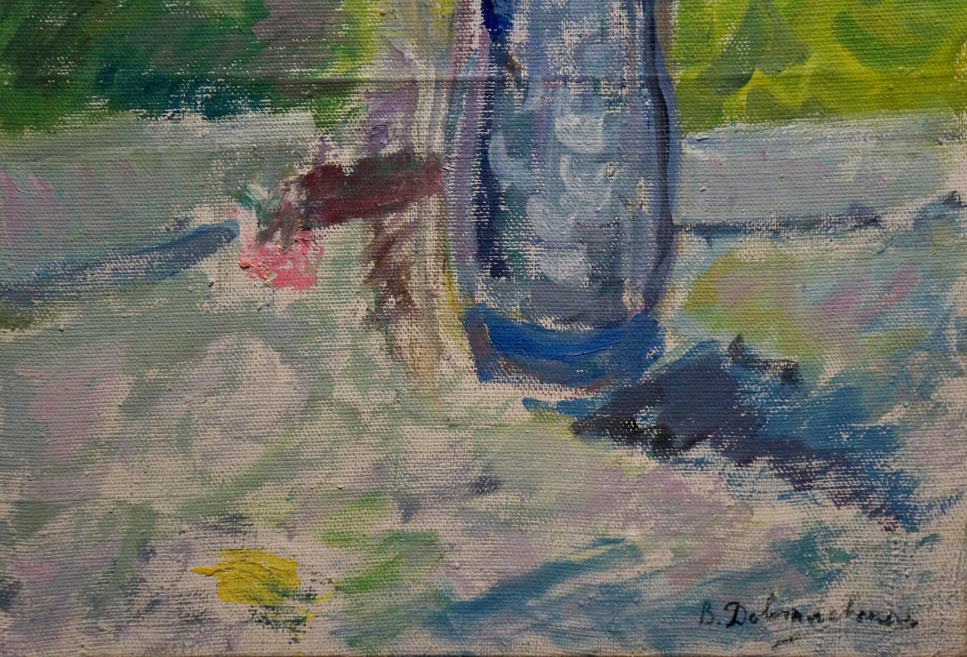 Oil painting of autumn bouquet in translucent blue glass vase by Dovgalevskaya Vera Veniaminovna