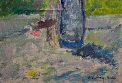 Oil painting of autumn bouquet in translucent blue glass vase by Dovgalevskaya Vera Veniaminovna