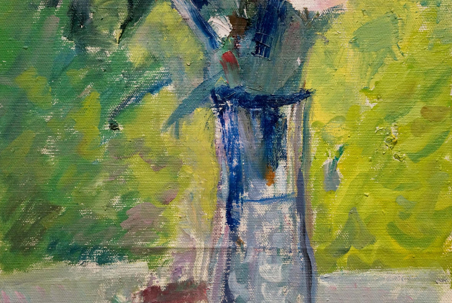 Oil painting of autumn bouquet in tall glass vase with blue ribbon by Dovgalevskaya Vera Veniaminovna