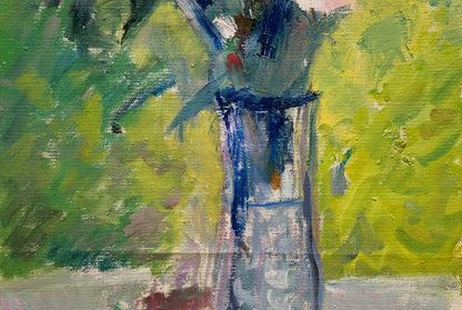 Oil painting of autumn bouquet in tall glass vase with blue ribbon by Dovgalevskaya Vera Veniaminovna