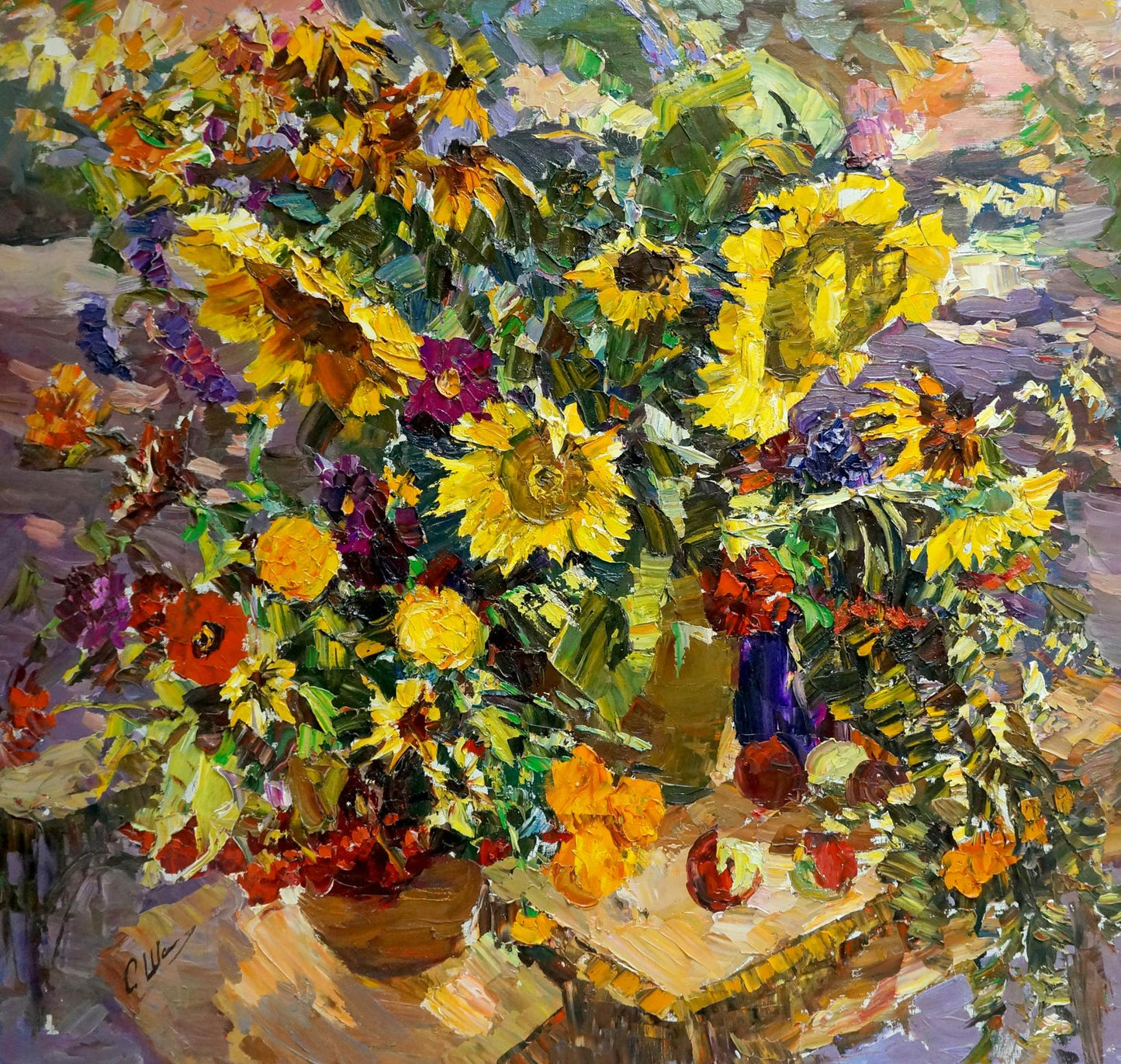 Vibrant impressionist oil painting of sunflower bouquet by Shapovalov Sergey Gavrilovich