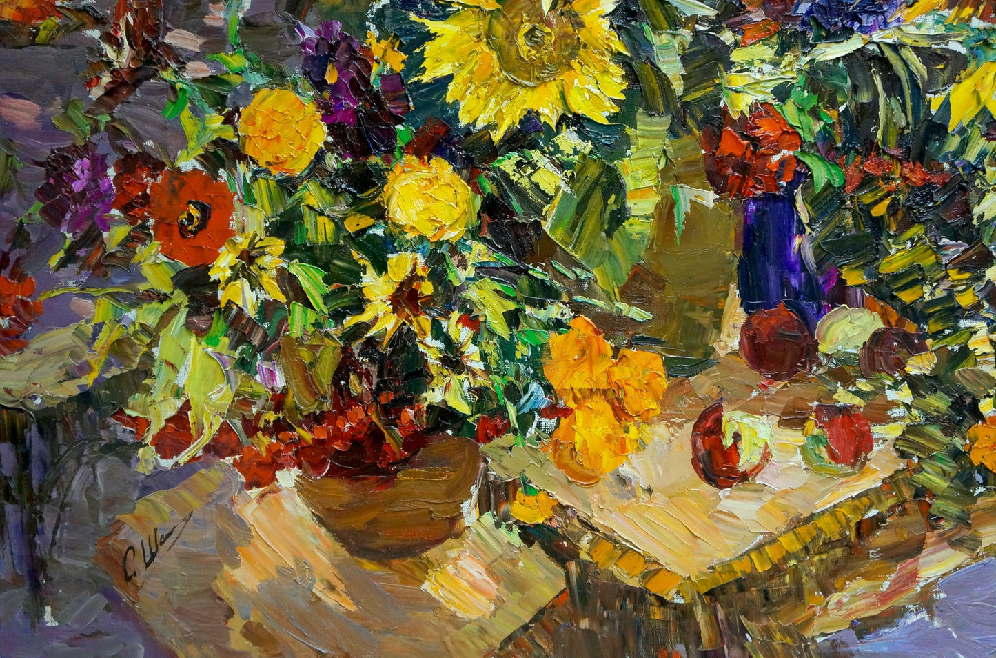 Oil painting of vibrant sunflowers and red poppies in rustic vase by Shapovalov Sergey Gavrilovich