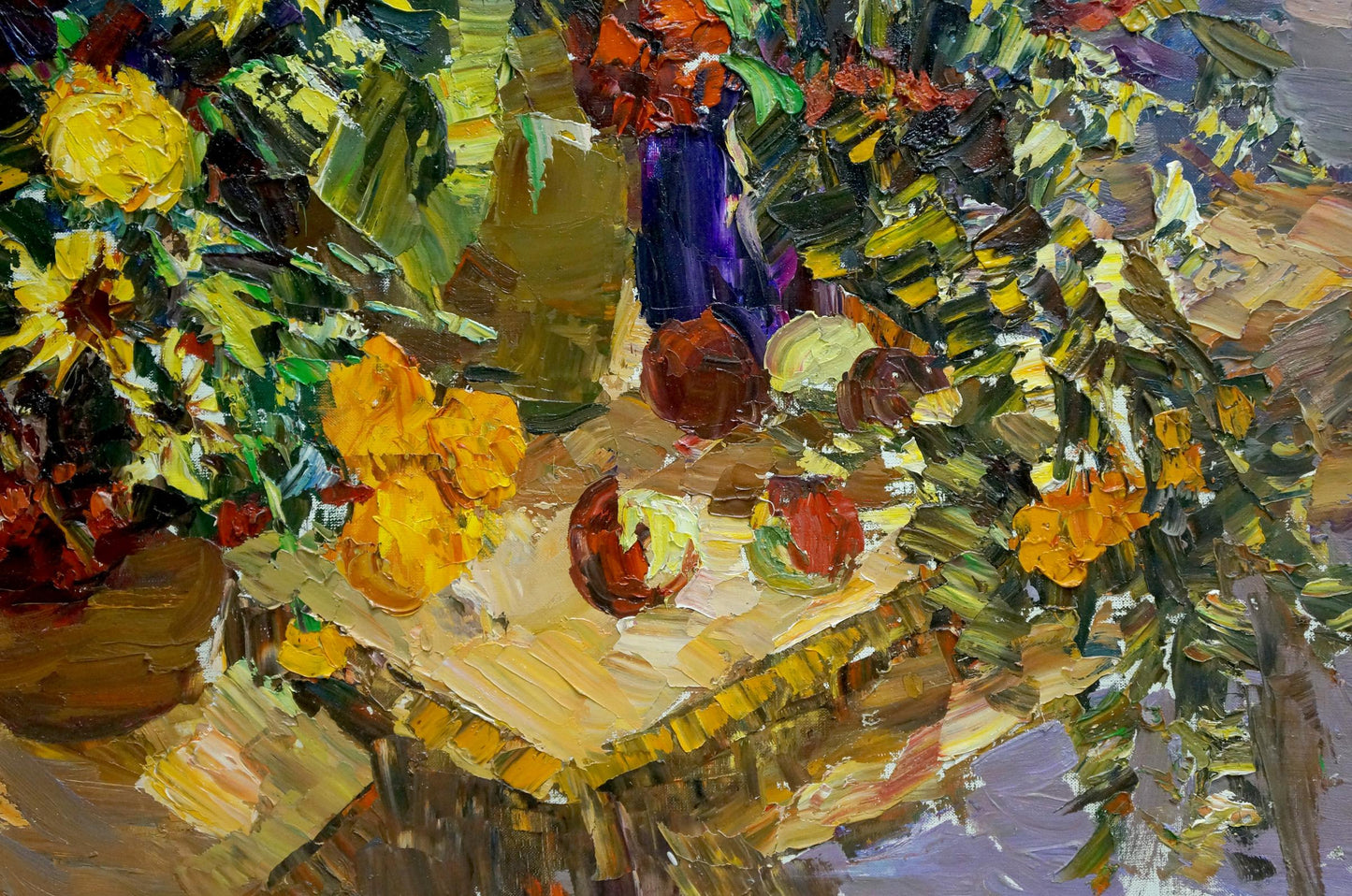 Vibrant purple vase with orange yellow sunflowers oil painting by Shapovalov Sergey Gavrilovich