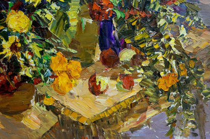 Vibrant purple vase with orange yellow sunflowers oil painting by Shapovalov Sergey Gavrilovich