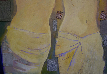 Abstract painting of two female figure torsos by Belyak P. V. in ochre tones