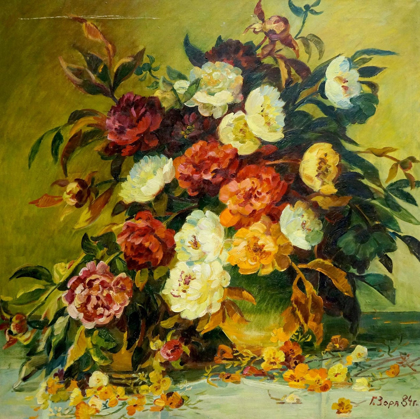 Vibrant oil painting Flowers Zorya by Galina Denisovna, peonies and roses bouquet