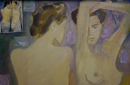 Impressionistic painting of two figure women by Belyak P. V. in dim room